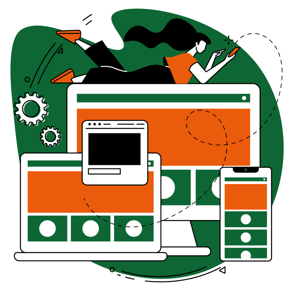 JUL-Designs Bild von Webseite und Handy (Grafik), orange und grün, schwarz-weiß