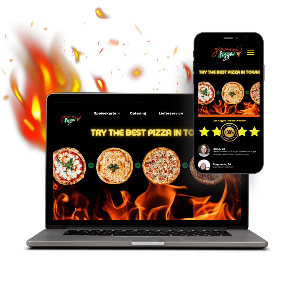 JUL-Designs Webseiten-Design von Pizzaservice, schwarz mit Feuer und Pizzen